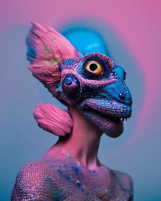 Prompt: natural light, soft focus portrait of a cyberpunk anthropomorphic chameleon with soft synthetic pink skin, blue bioluminescent plastics, smooth shiny metal, elaborate ornate head piece, piercings, skin textures, by annie leibovitz, paul lehr