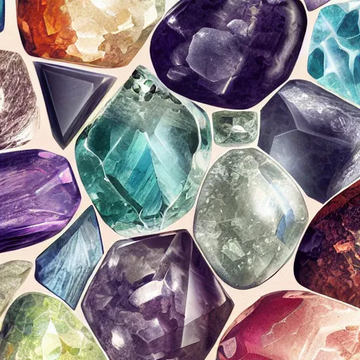 Image similar to full page antique lithograph of gemstones minerals, White background, art print, clean brush stroke, realistic highly detailed, 8k post-processing highly detailed, rendered by octane engine, esty,