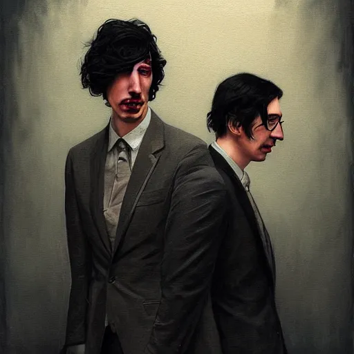 Image similar to painting of both john oliver and adam driver together, john oliver, adam driver, full body, elegant, beautiful, highly detailed, centered, dark, smokey, digital painting, concept art, smooth, sharp focus, illustration, deviant art, art by karol bak and peter mohrbacher