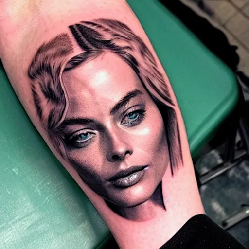 Image similar to double exposure tattoo design sketch of beautiful mountain scenery blend in margot robbie face, in the style of matteo pasqualin, amazing detail