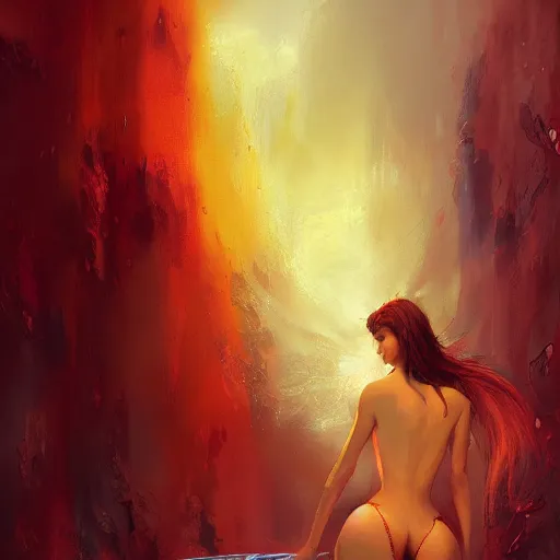 Image similar to a painting of a fire nymph by marc simonetti, high detail, trending on artstation