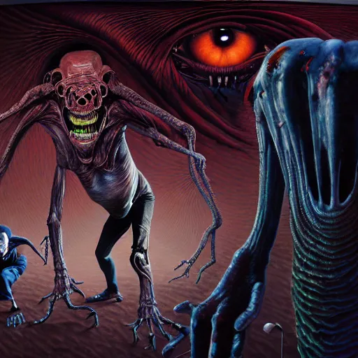 Image similar to illustration for a sci - fi contemporary horror novel called'eye - full of teeth ', a high quality high detail painting by david mattingly and alan lee and john zeleznik and dave mckean and richard corben, hd 4 k 8 k, realistic hyperdetailed scene painting, photorealistic lighting, modern supernatural urban horror aesthetic.