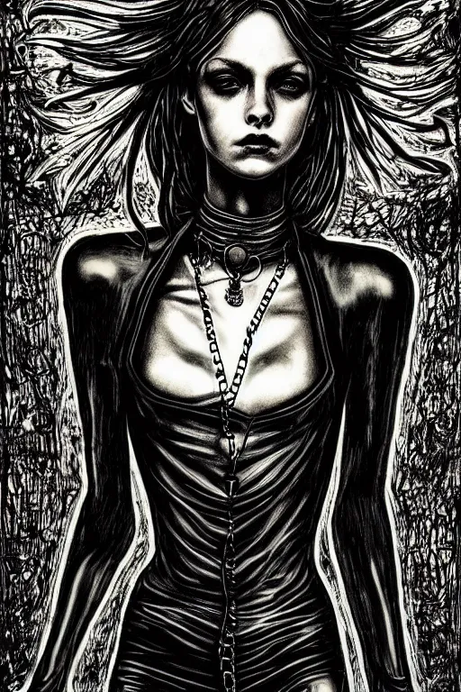 Prompt: dreamy gothic girl, black leather slim clothes, chains, chainsaw, beautiful slim body, detailed acrylic, grunge, intricate complexity, by dan mumford and by alberto giacometti, peter lindbergh