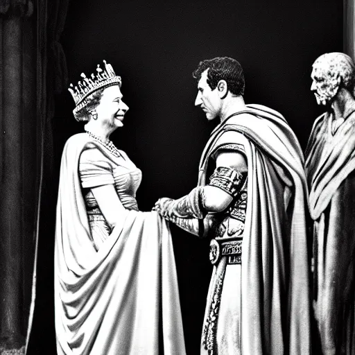 Prompt: detailed black and white photo of queen elizabeth ii meeting julius caesar in ancient rome