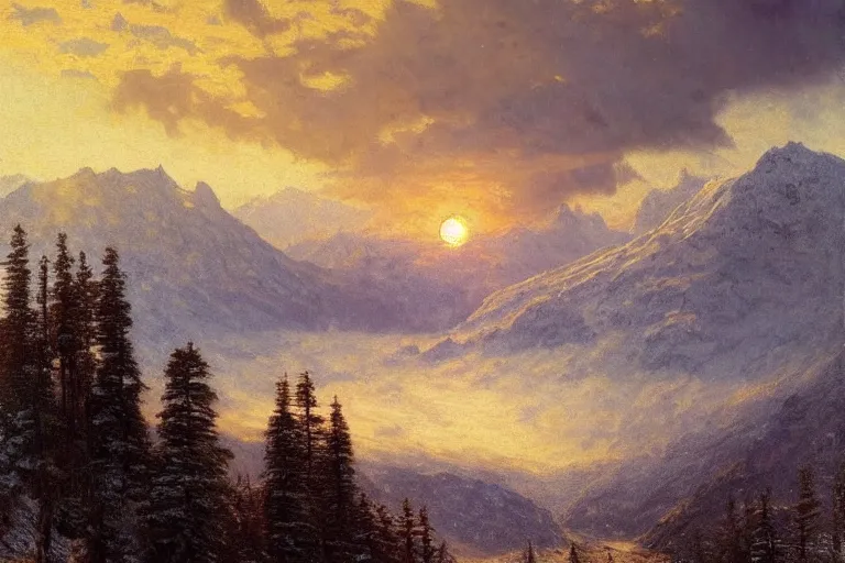 Image similar to mountains, clouds, trees, sunset, beautiful nature, winter, hyperdetailed, focused, cinematic lighting, oil painting, colorful, canvas, artstation, Albert Bierstadt, Hans Dahl, Theodor Kittelsen, Hermann Hendrich, Konstantin Yakovlevich Kryzhitsky