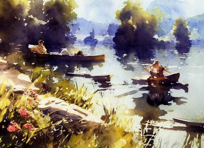 Image similar to watercolor painting of sunny summer day, calm water, art by anders zorn, wonderful masterpiece by greg rutkowski, beautiful cinematic light, american romanticism by greg manchess, creation by tyler edlin, aquarelle