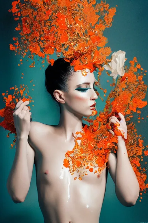 Prompt: a wide portrait of a beautiful girl, porcellaine skin with golden tears, hiding face and torso behind beautiful intricate flowy silky cloth, dramatic lighting, splashy intricate thick paint texture on the face and body, intricare abstract flower arrangement, teal and orange palette