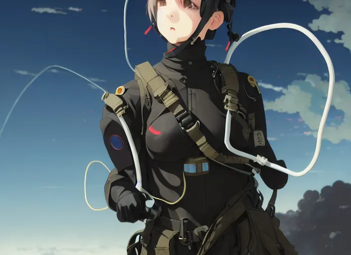 Image similar to portrait of pilot girl parachuting behind enemy lines, black sky background, chaotic landscape, illustration concept art anime key visual trending pixiv fanbox by wlop and greg rutkowski and makoto shinkai and studio ghibli and kyoto animation, kaki body suit, wires and chords, oxygen mask, military gear, grimdark, volumetric lighting