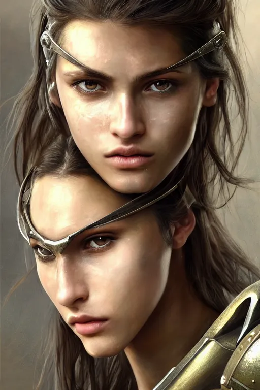 Image similar to a photorealistic painted portrait of an attractive young girl, partially clothed in dull metal-plated battle armor, olive skin, long dark hair, beautiful bone structure, symmetric facial features, facial markings, perfect photorealistic eyes, natural physique, intricate, elegant, digital painting, concept art, finely detailed, beautifully illustrated, sharp focus, minimal artifacts, from Metal Gear, by Ruan Jia and Mandy Jurgens and Artgerm and William-Adolphe Bouguerea, in the style of Greg Rutkowski, trending on Artstation, award winning