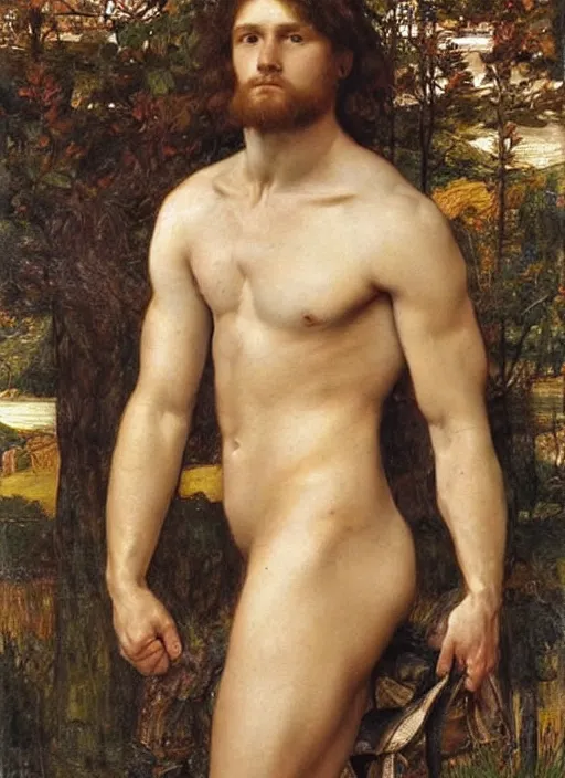 Prompt: Pre-Raphaelite young beautiful muscular male