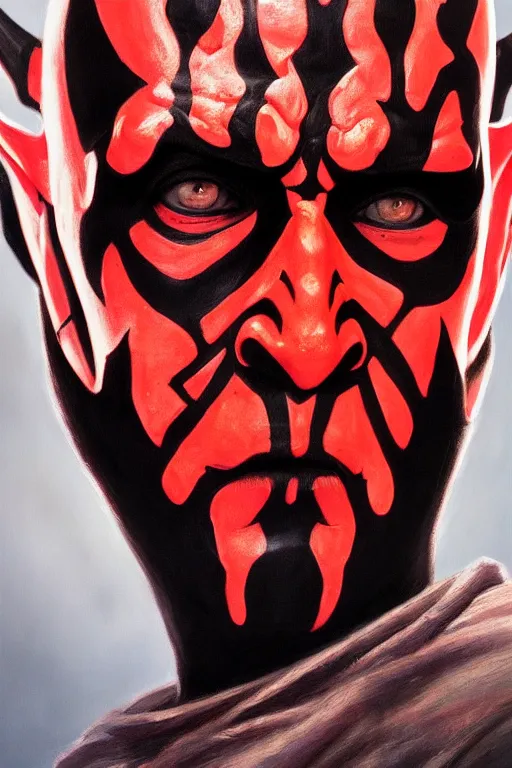 Image similar to darth maul, oil on canvas, intricate, portrait, 8 k highly professionally detailed, hdr, cgsociety