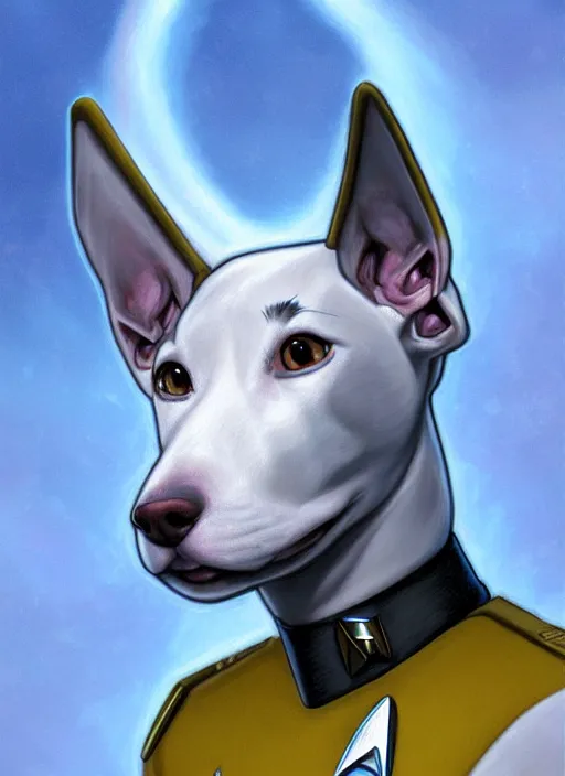 Image similar to cute star trek officer white greyhound, natural lighting, path traced, highly detailed, high quality, digital painting, by don bluth and ross tran and studio ghibli and alphonse mucha, artgerm