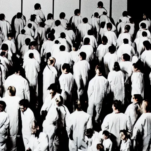 Image similar to a creepy filmic 30mm filmic wide shot ground level angle movie still color film photograph of a crowd of terrified doctors wearing lab coats trying to escape from a dangerous shape shifting alien creature with multiple mutated snarling drooling human faces and a grotesque variety of human & animal arms, legs & body parts in the style of a live action 1980s horror film, The Thing 1982