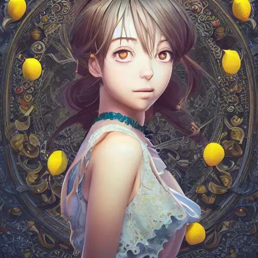 Image similar to the portrait of an absurdly beautiful, graceful, elegant, sophisticated, young teen anime girl made up of lemons looking up, an ultrafine hyperdetailed illustration by kim jung gi, irakli nadar, intricate linework, bright colors, octopath traveler, final fantasy, unreal engine 5 highly rendered, global illumination, radiant light, detailed and intricate environment