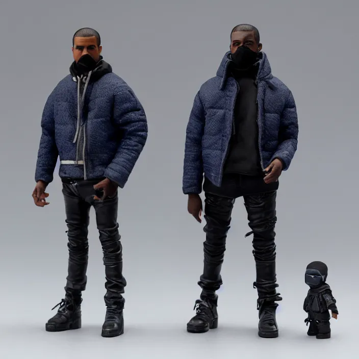 Image similar to a hot toys figure of kanye west using a full face covering black mask, a small, tight, undersized reflective bright blue round puffer jacket made of nylon, dark jeans pants and big black balenciaga rubber boots, figurine, detailed product photo