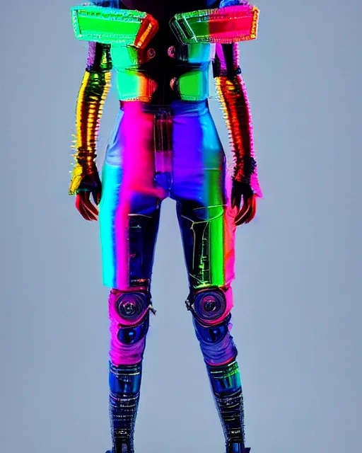 Image similar to full body shot of young punk woman dressed in futuristic cyberpunk rainbow clothing, soft light, bjork aesthetic, translucent, by rineke dijkstra and artgerm, intricate details, highly detailed, masterpiece, 8 5 mm