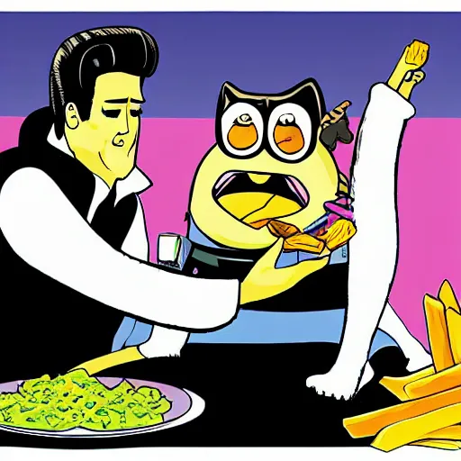 Prompt: elvis and a cat eating guacamole and fries, cartoon, high quality, detailed