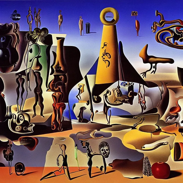 Image similar to a group of characters and random objects in a surreal environment by salvador dali