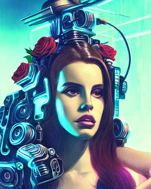 Image similar to portrait of lana del rey as a cyberpunk cyborg. sci - fi intricate abstract. intricate artwork, tear drops, roses, by tooth wu, wlop, beeple, dan mumford. concept art, octane render, trending on artstation, greg rutkowski, asymmetrical, cinematic arthouse, key art, hyper realism, iridescent accents