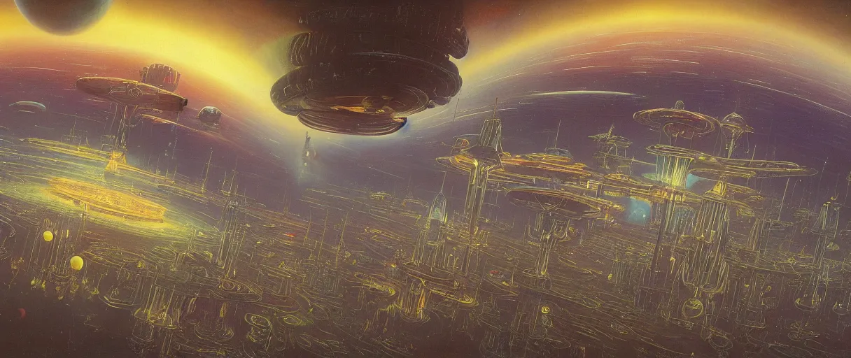Prompt: a wide shot of a large distant hi-tech sci-fi Utopian spaceship, with a lot of bright color lights, bridges, turrets, pipes, orbiting a gas giant planet, beautiful, solarpunk, volumetric light, photography, color, intricate, extremely detailed, photorealistic, a painting by Beksinski