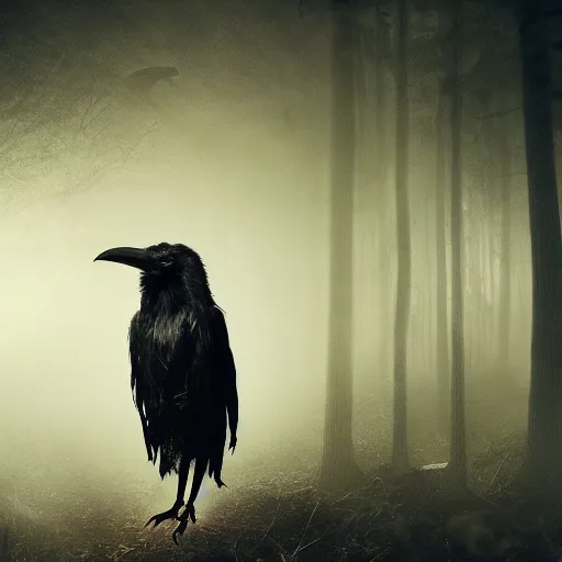 Image similar to werecreature consisting of a crow and a human, featured on artstation, photograph captured in a dark forest