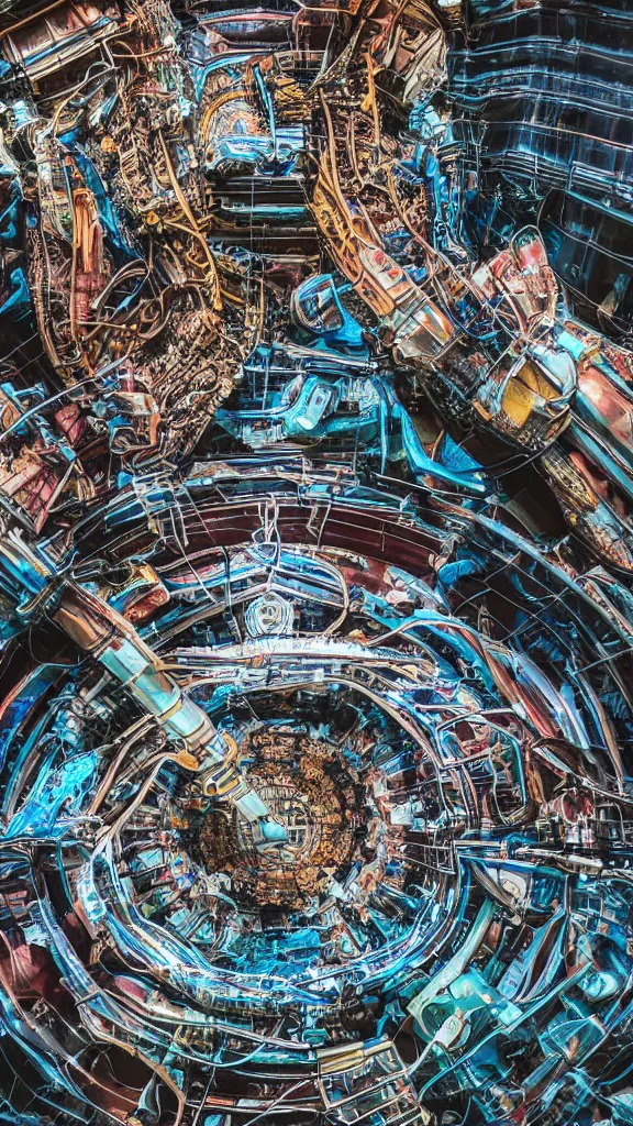 Image similar to macro photography of the giant psychedelic magical machine embedded within the mountain, industrial machinery, sedimentary rock and marble, pistons and valves, hadron collider, super conducters, reactor circuits, isometric, cool dark tones in the style of Luis García Mozos