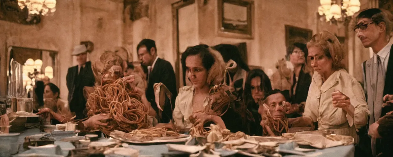 Prompt: the spanish inquistion with spaghetti, small details, intricate, 5 0 mm, cinematic lighting, photography, wes anderson, diane arbus, film, kodachrome