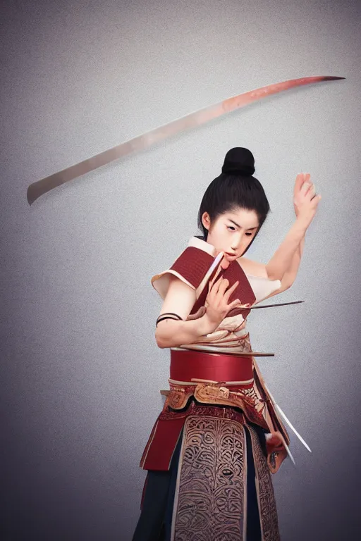 Prompt: highly detailed beautiful photo of a young female samurai, practising sword stances in a ancient temple, symmetrical face, beautiful eyes, realistic anime art style, 8 k, award winning photo, pastels, action photography, 1 / 1 2 5 shutter speed, dramatic lighting