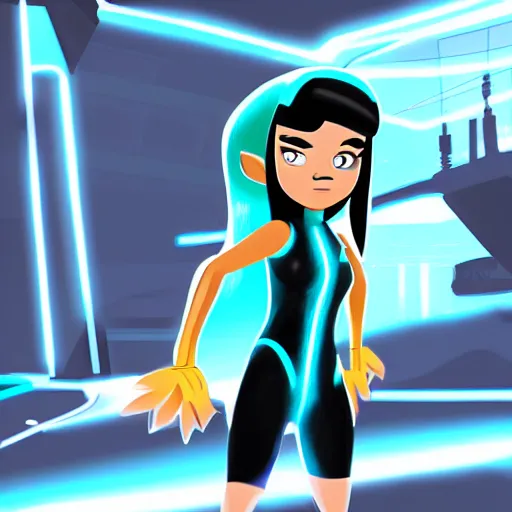 Image similar to Marina from Splatoon wearing a Tron style dress, Tron city background, digital art