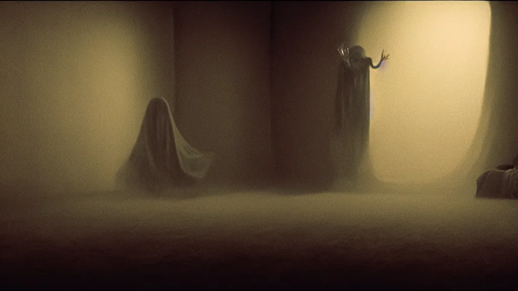 Prompt: a strange floating blob of mist wearing a large creepy jester mask floating in the living room, film still from the movie directed by denis villeneuve with art direction by zdzisław beksinski, wide lens