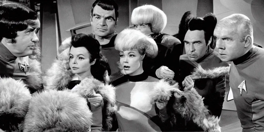 Prompt: a scene from Trouble with Tribbles, an episode of the original Star Trek series