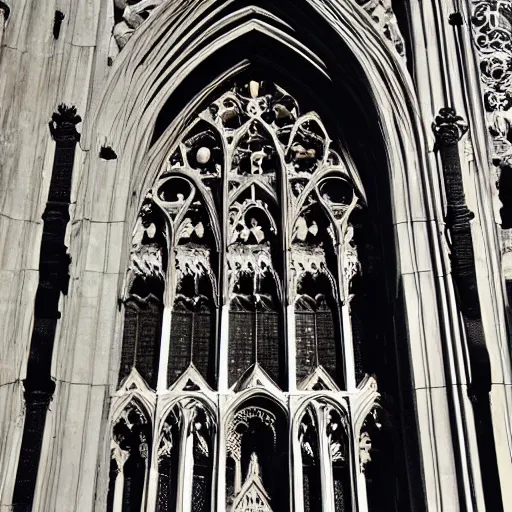 Prompt: a white marble gothic cathedral with mandala windows, a gothic girl dressed in black