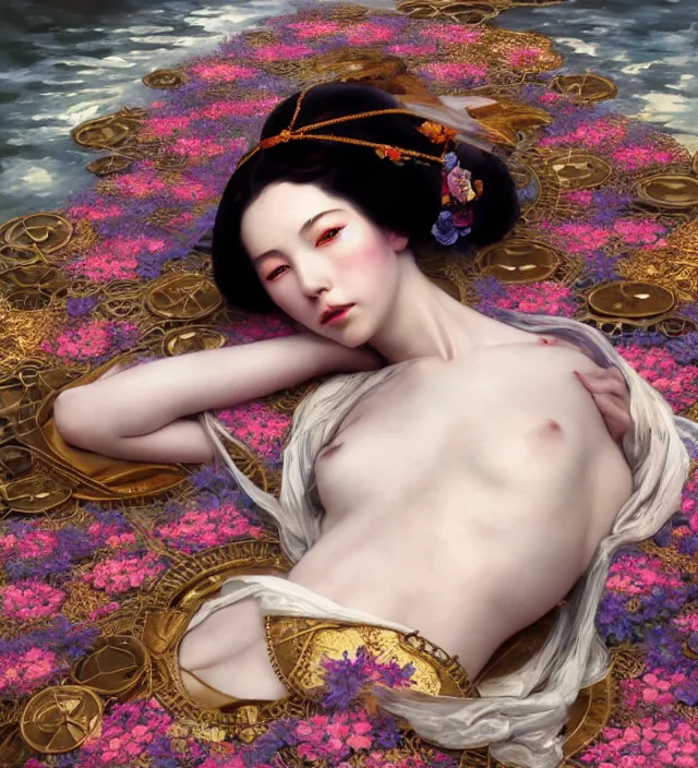 Image similar to baroque portrait of one steampunk bohemian geisha woman of porceline skin lying down in a river made of thousand of flowers, cinematic lighting, photorealistic, octane render, 8 k, depth of field, art by artgerm and greg rutkowski and alphonse mucha and uang guangjian