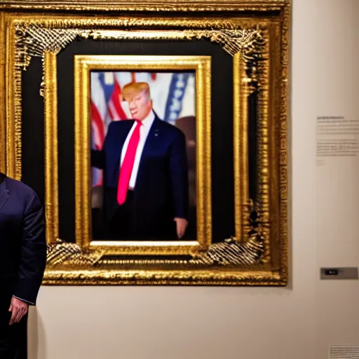 Prompt: trump watching a huge trump portrait in a museum, studio lighting, photography, highly detailed, 4 k