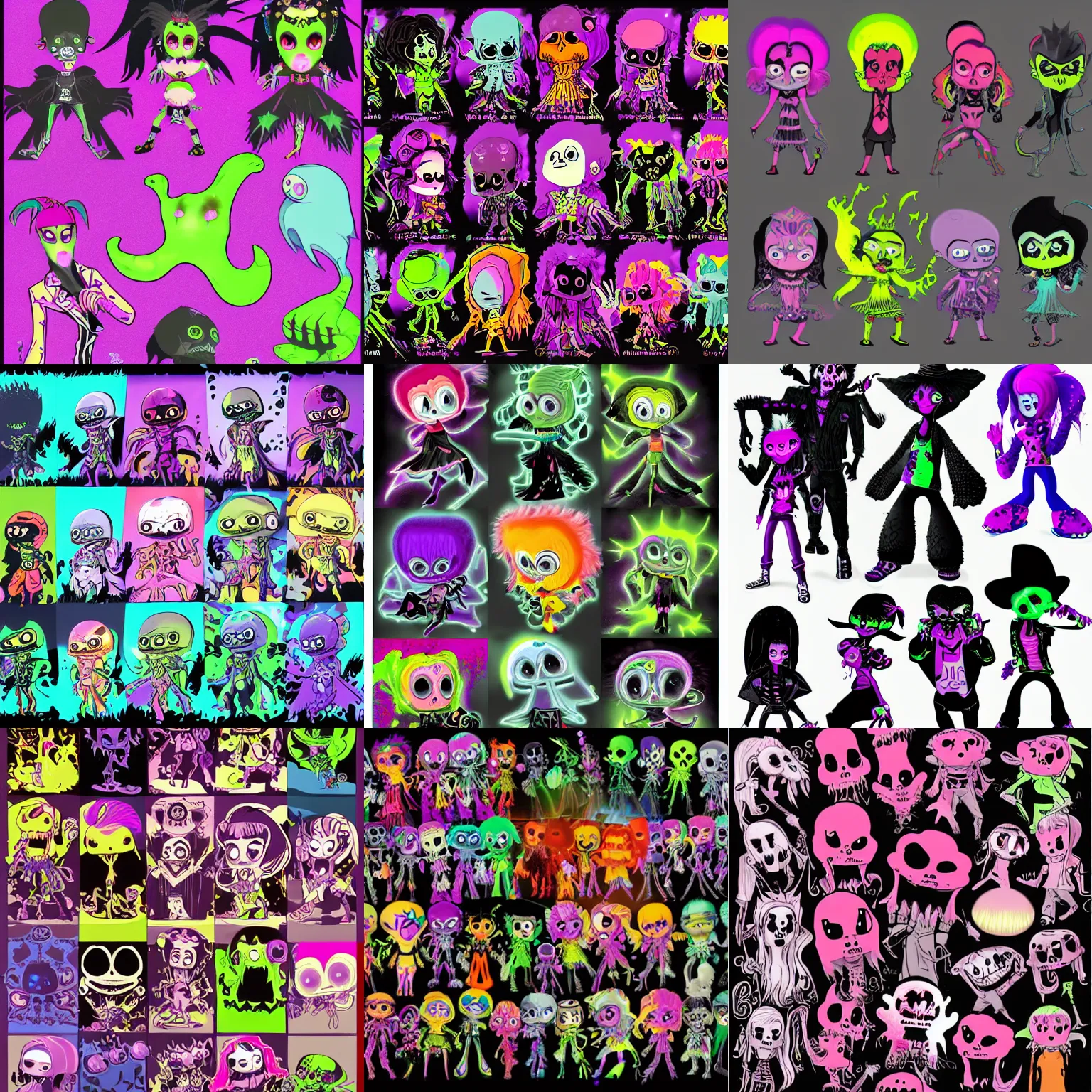 Prompt: CGI lisa frank gothic punk toxic glow in the dark bones vampiric rockstar vampire squid concept character designs of various shapes and sizes by genndy tartakovsky and the creators of fret nice at pieces interactive and splatoon by nintendo and the psychonauts by doublefines tim shafer artists for the new hotel transylvania film managed by pixar and overseen by Jamie Hewlett from gorillaz