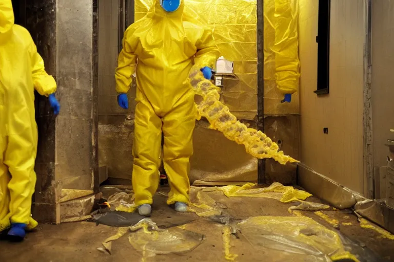 Image similar to a man in a yellow hazmat suit looks on helplessly as an meat monster grows out of control in a creepy basement lab, science equipment