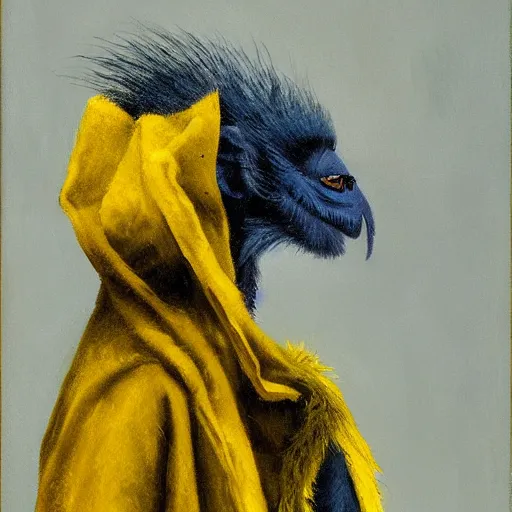 Prompt: long - eared monkey - crow creature wearing a raincoat, tonalist painting, prussian blue and azo yellow, dramatic lighting, high chroma