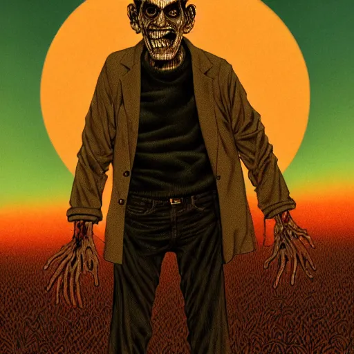 Image similar to full portrait of abe vigoda, disturbing horror zombie manga cover illustration by junji ito and joe fenton and syd mead and p. craig russell and barry windsor - smith, artstation, 4 k, graphic novel, concept art, matte painting, beautiful american rustic western landscape sunset background, golden hour, art nouveau