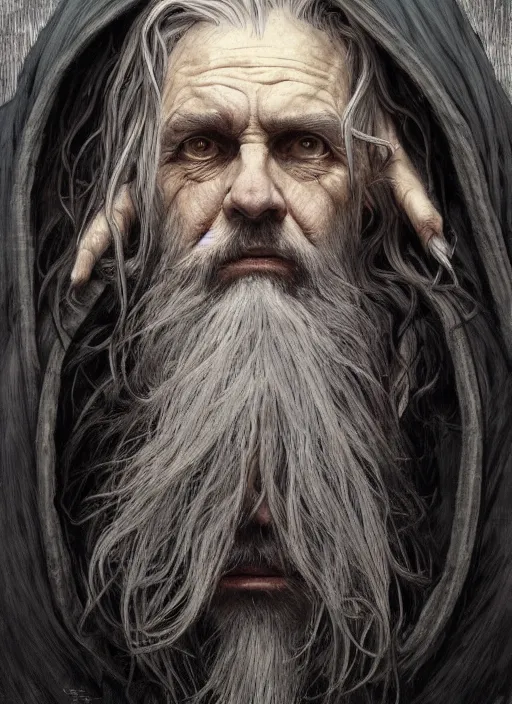 Image similar to portrait of a 6 0 year old giant man with long tangles of thinning gray hair and beard, one eye missing, wearing gray hooded cloak, hyper realistic face, two ravens above him, very low angle, fantasy art, in the style of greg rutkowski, intricate, alphonse mucha, hyper detailed, smooth