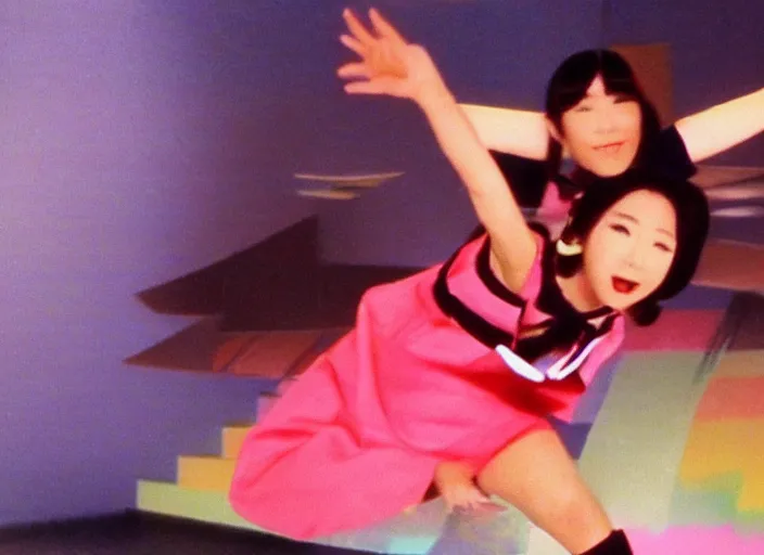Prompt: Japanese funny TV show. Color VHS footage. A cute girl dancing on stage in the TV studio.