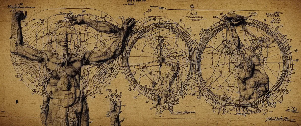 Image similar to an amazingly detailed leonardo davinci sketch of a creativity amplifier worn on the head of Vitruvian man. in the style of a patent diagram