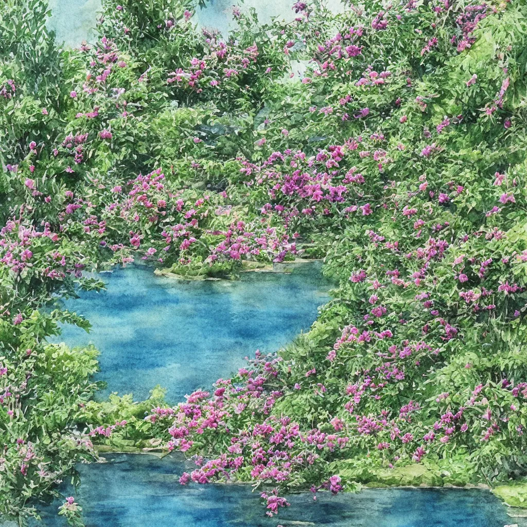 Image similar to isomeric view, delicate lake in a botanic garden, garden road, sparrows, temple in a botanical herbarium paper, watercolor colored painting, iridescent colors, 8 k, realistic shaded, fine details, artstation, italian style, colonnade, flowers, architecture, roma