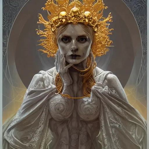 Image similar to portrait of Hecate as a marble statue skeleton, greek mythology, gold crown and filaments, intricate, headshot, highly detailed, digital painting, artstation, concept art, sharp focus, cinematic lighting, illustration, art by artgerm and greg rutkowski, alphonse mucha, cgsociety