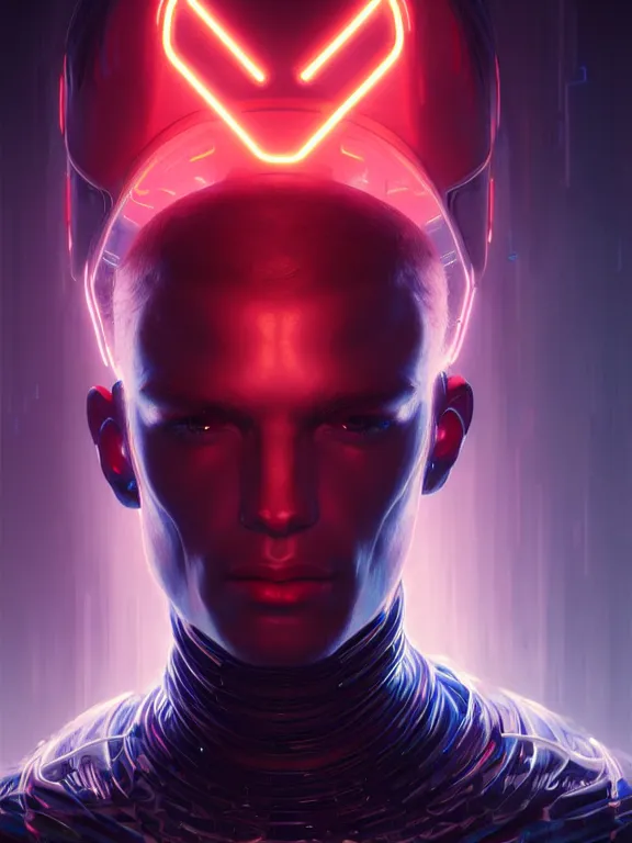 Image similar to portrait of male humanoid, intricate, masculine, cyber neon lights, highly detailed, digital photography, artstation, stylish pose, concept art, smooth, sharp focus, illustration, art by artgerm and greg rutkowski