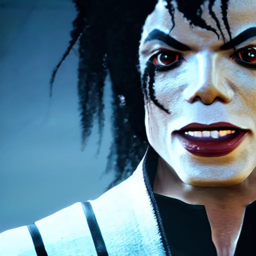 Image similar to a videogame still of Michael Jackson in Tekken 7, portrait, 40mm lens, shallow depth of field, close up, split lighting, cinematic