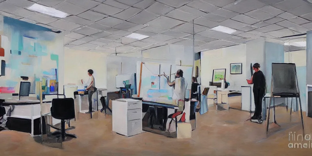 Image similar to painting gallery workplace, art style by bryen frost