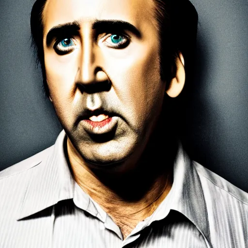 Prompt: Nicolas Cage portrait from a mall photography studio