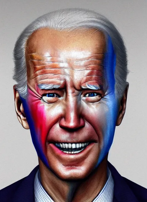 Prompt: Joe Biden as a transgender woman, maniac look, rainbow hair, ugly, gross, realistic, beta male, accurately portrayed, portrait art by Hieronymus Bosch and greg rutkowski, highly detailed, digital painting, concept art, illustration, transgender flag displayed, trending on artstation, very detailed, smooth, sharp focus, octane render, close up