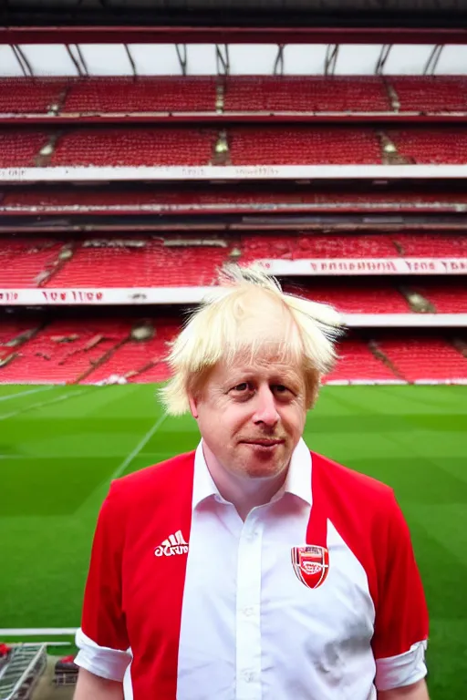 Image similar to boris johnson in the stadium wearing the red and white arsenal shirt, photographed, sunny day, portrait, photographic