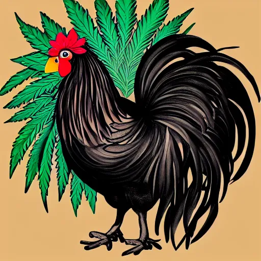 Prompt: adorable black rooster with a cannabis leaf tattoo design